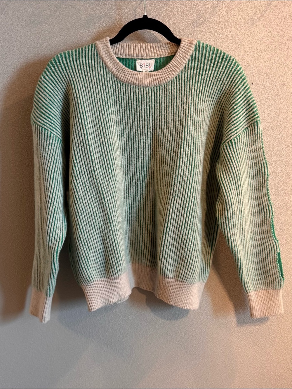 Bibi Green and Cream Super Soft Sweater with Arm Accents
